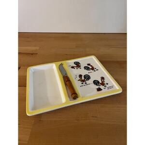 Vintage Roosters cheese and crackers snack dish Japanese Ceramic